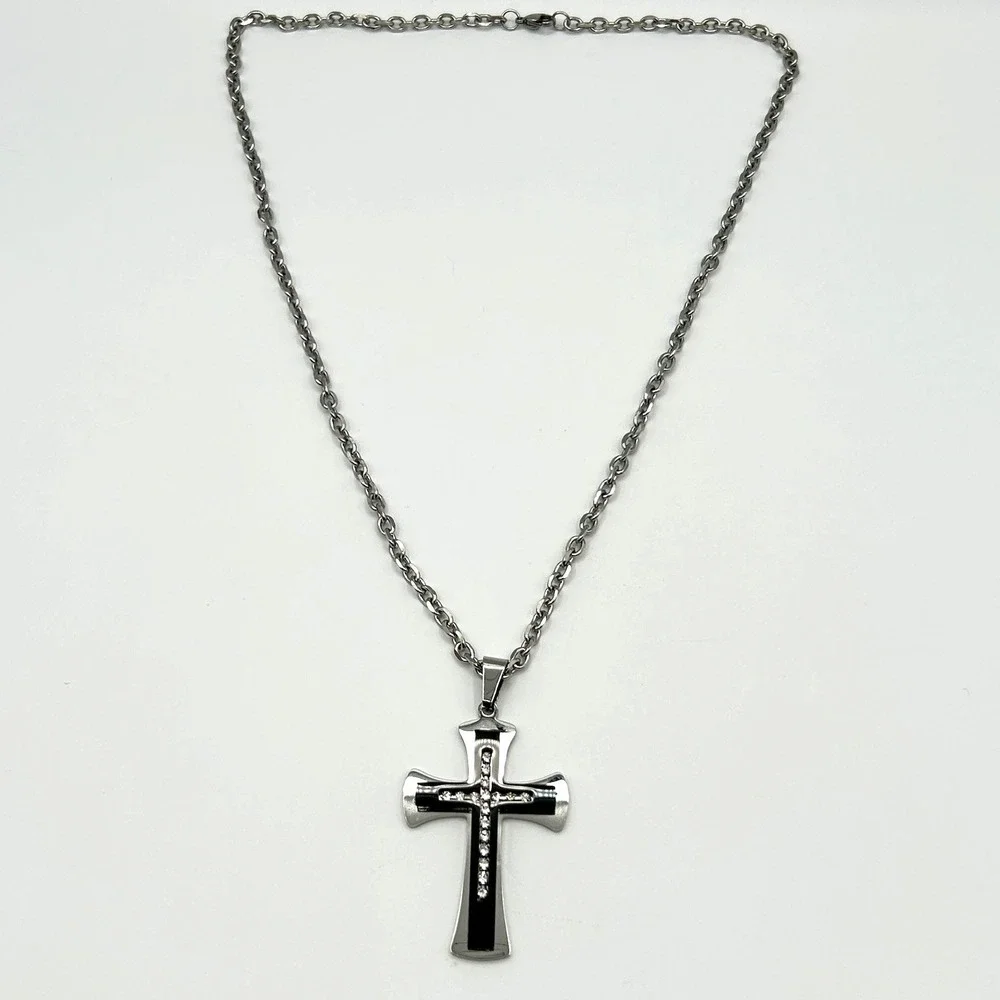 Gothic Stainless Steel Cross Pendant Black Enamel Rhinestone Necklace 24 Inch